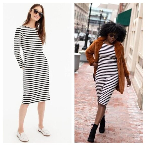 J. Crew /  Longsleeve Striped Midi Cotton Dress in Black and Ivory 4 - Picture 1 of 4